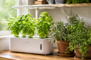 herbs growing in hydroponic system under lights