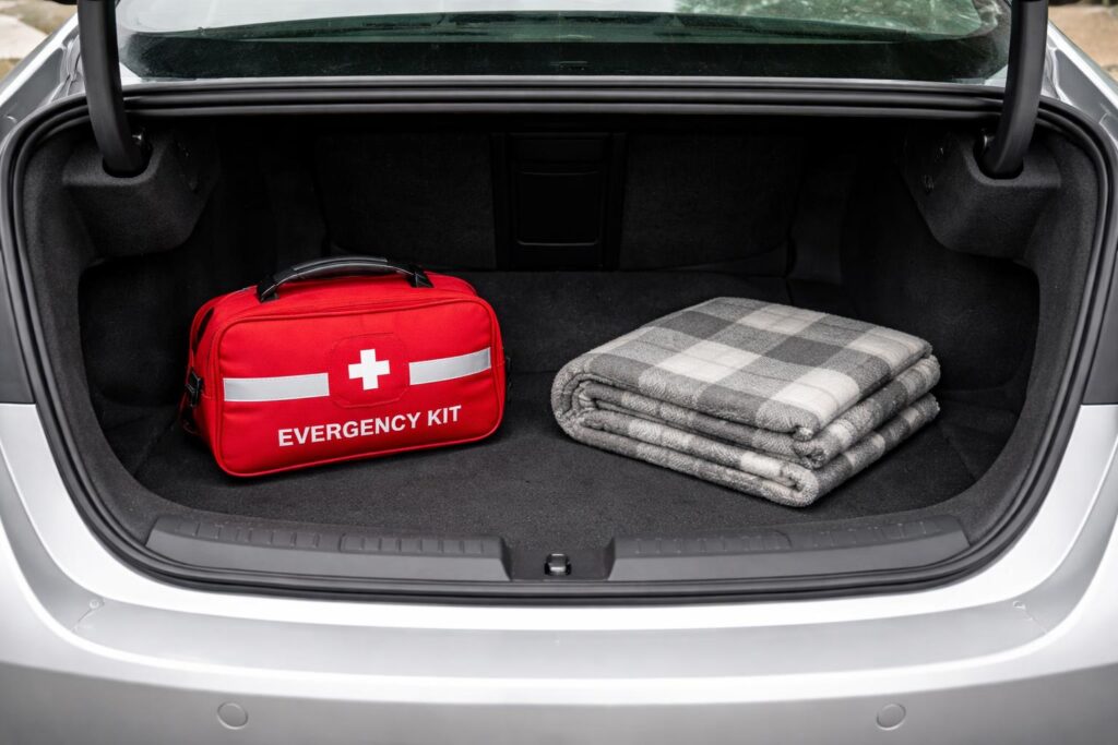 student emergency kit on a bduget in back of car