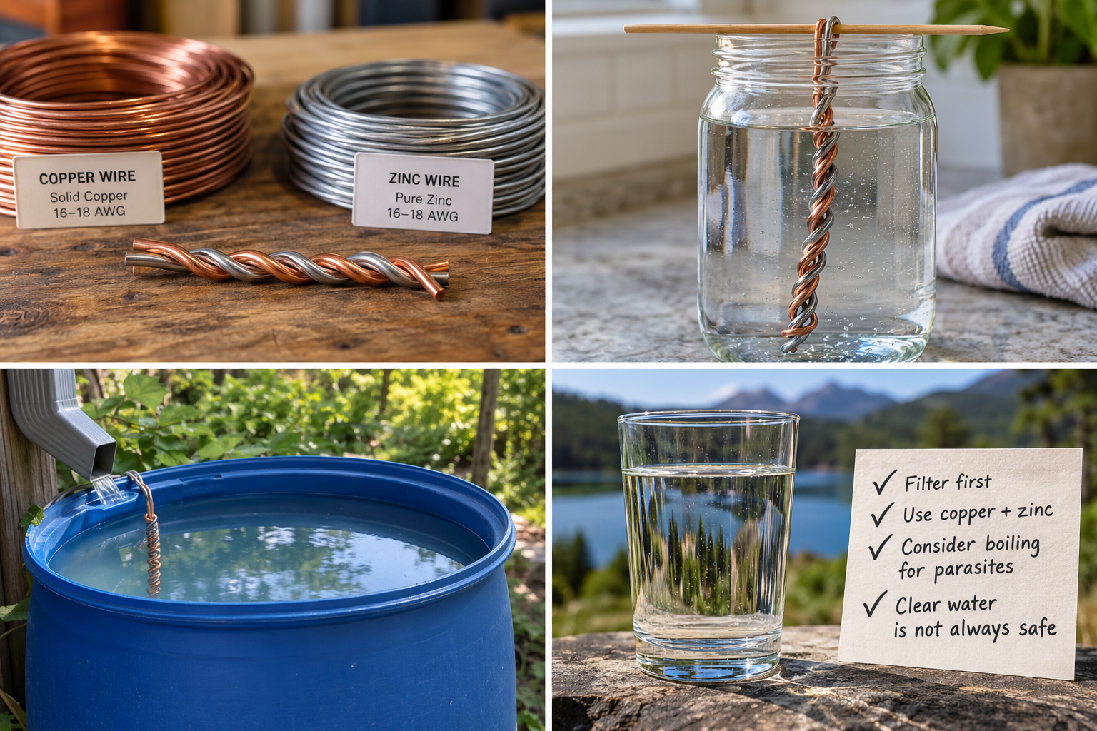 coper and zinc wire bundles and copper and zince wire wound together with clean glass of water