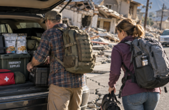 Couple packing their car leaving earthquake damged neighborhood