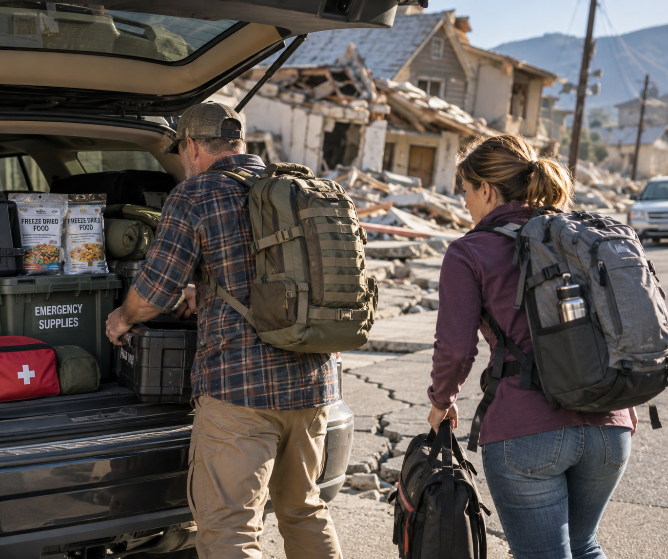 Couple packing their car leaving earthquake damged neighborhood