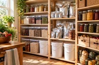 Full pantry with canned food, mason jars, mylar bags, and buckets.