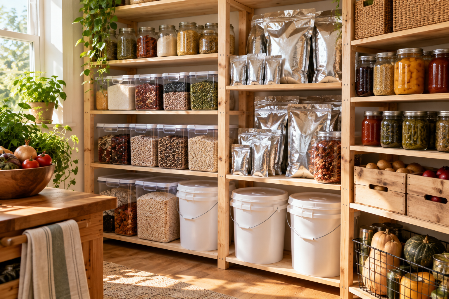Full pantry with canned food, mason jars, mylar bags, and buckets.