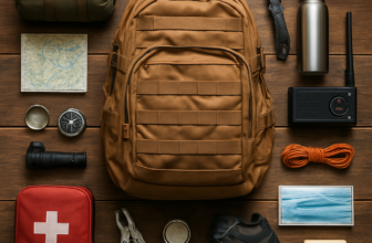 How to build a bug out bag showing backpack, flashilights, food, cloths, first aid and other essentials.