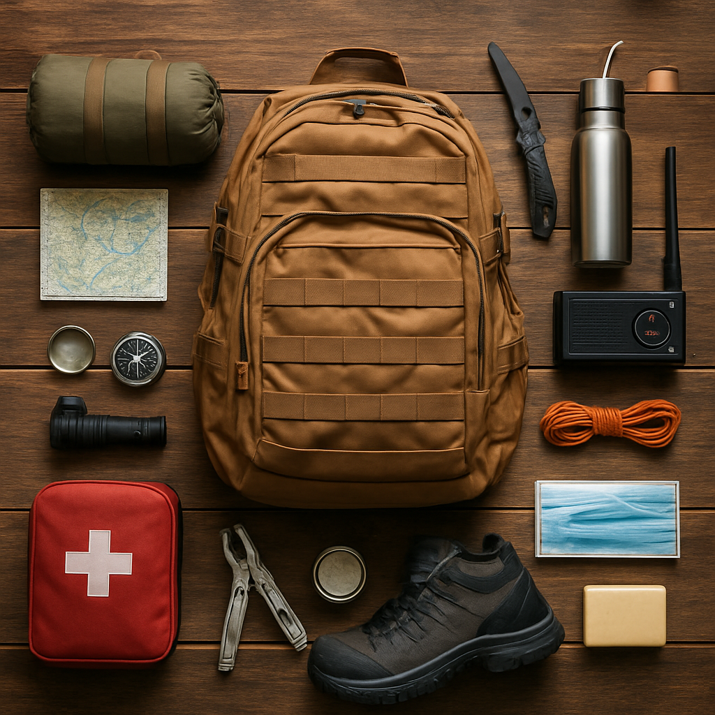 How to build a bug out bag showing backpack, flashilights, food, cloths, first aid and other essentials.
