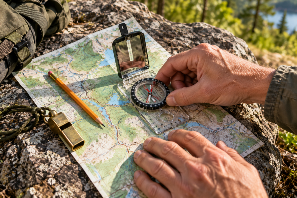man using compass and map to make a plan bushcraft skill