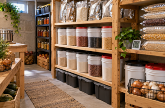 Nice pantry with packaged food on wooden shelves