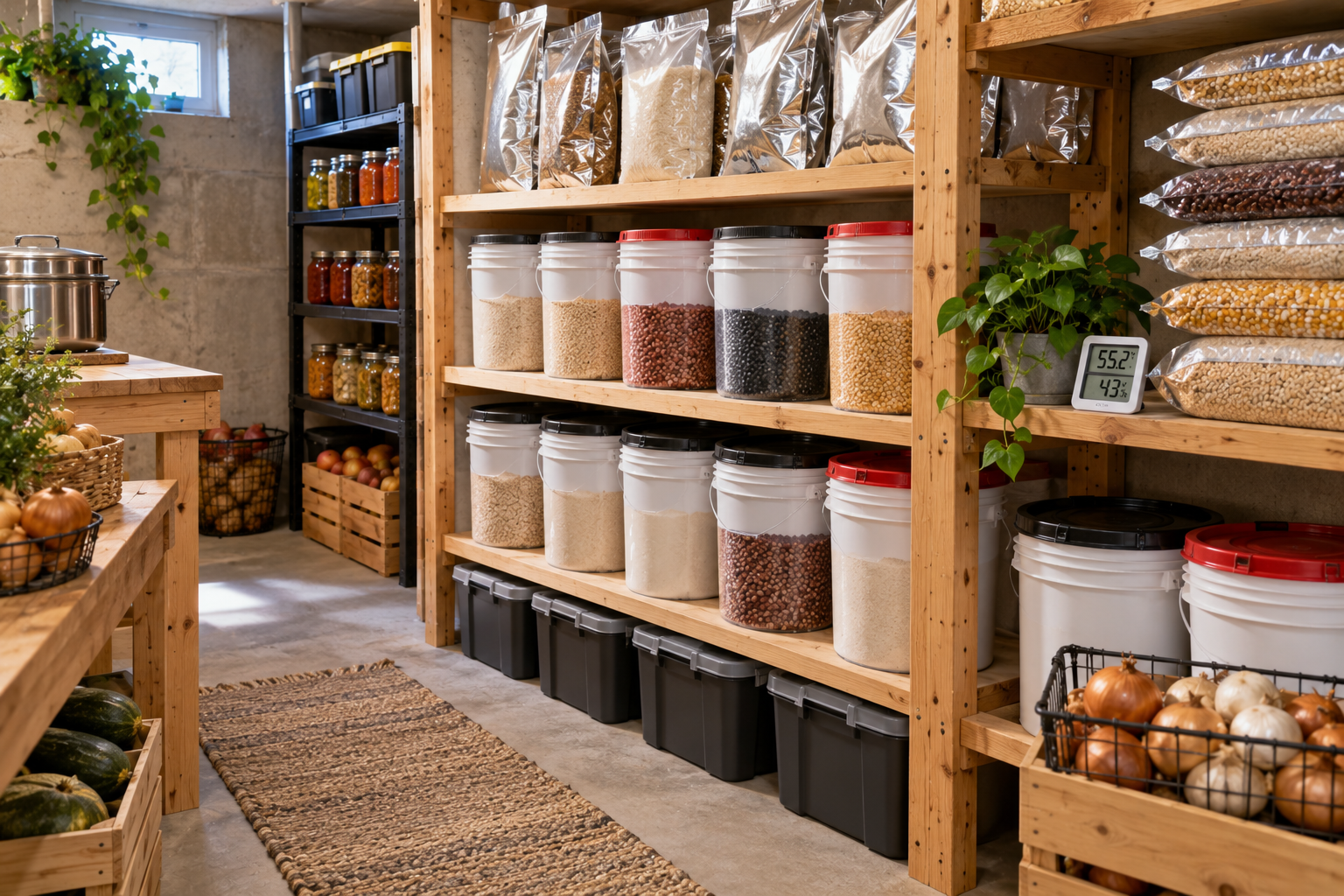 Nice pantry with packaged food on wooden shelves