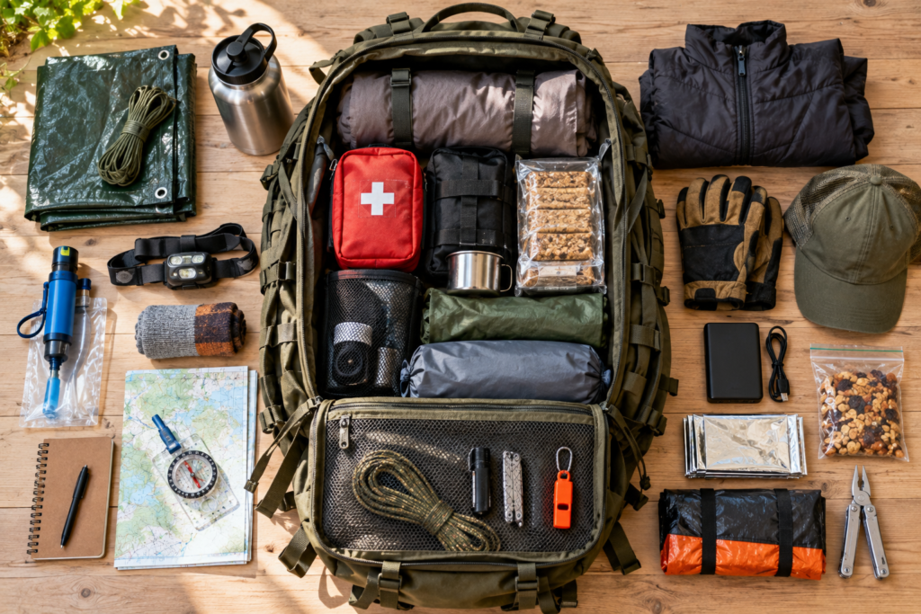 Bug out bag full of equipment, first aid kit, water filter, clothes, flashlight, and more