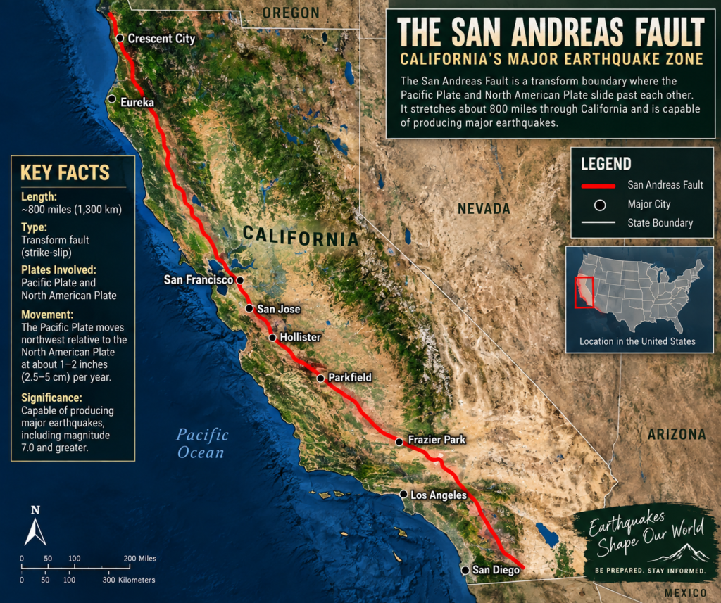 San Andres Fault in california on map