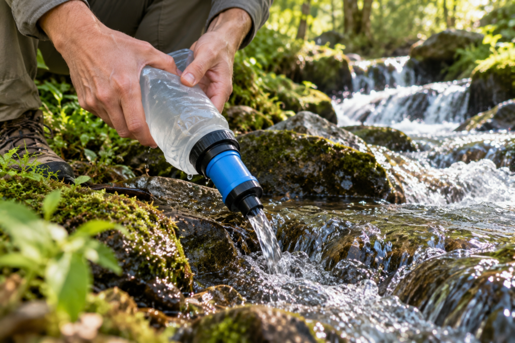 person using lifestraw by creek