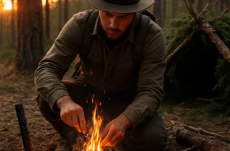 Man warming at bushcraft started fire in woods
