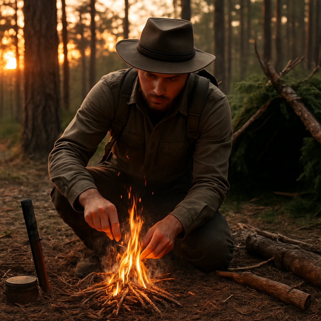 Man warming at bushcraft started fire in woods