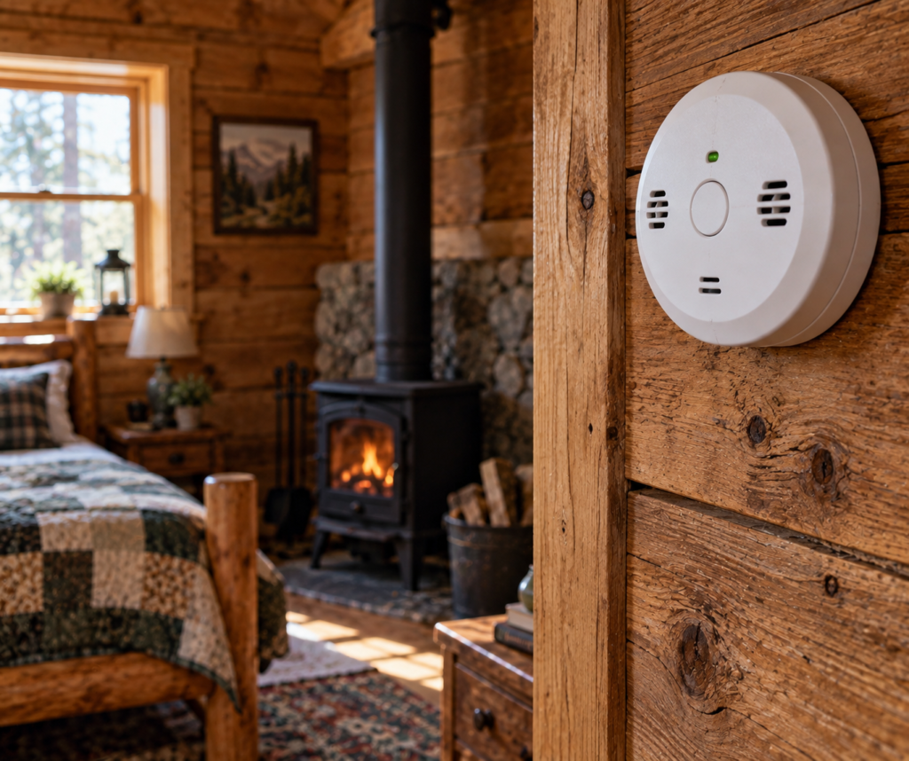 Carbon monoxicde detector on wall in cabin