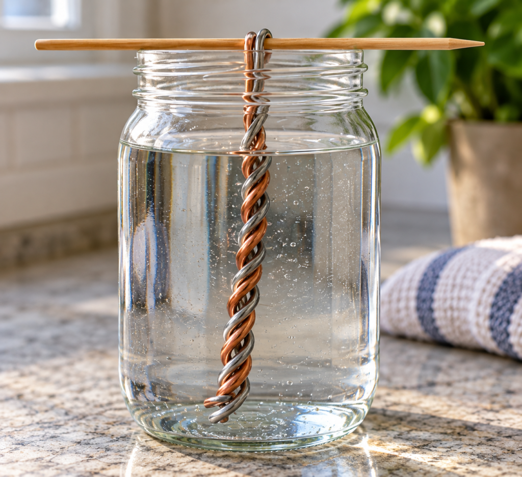 copper and zonc wire wound together in mason jar of water