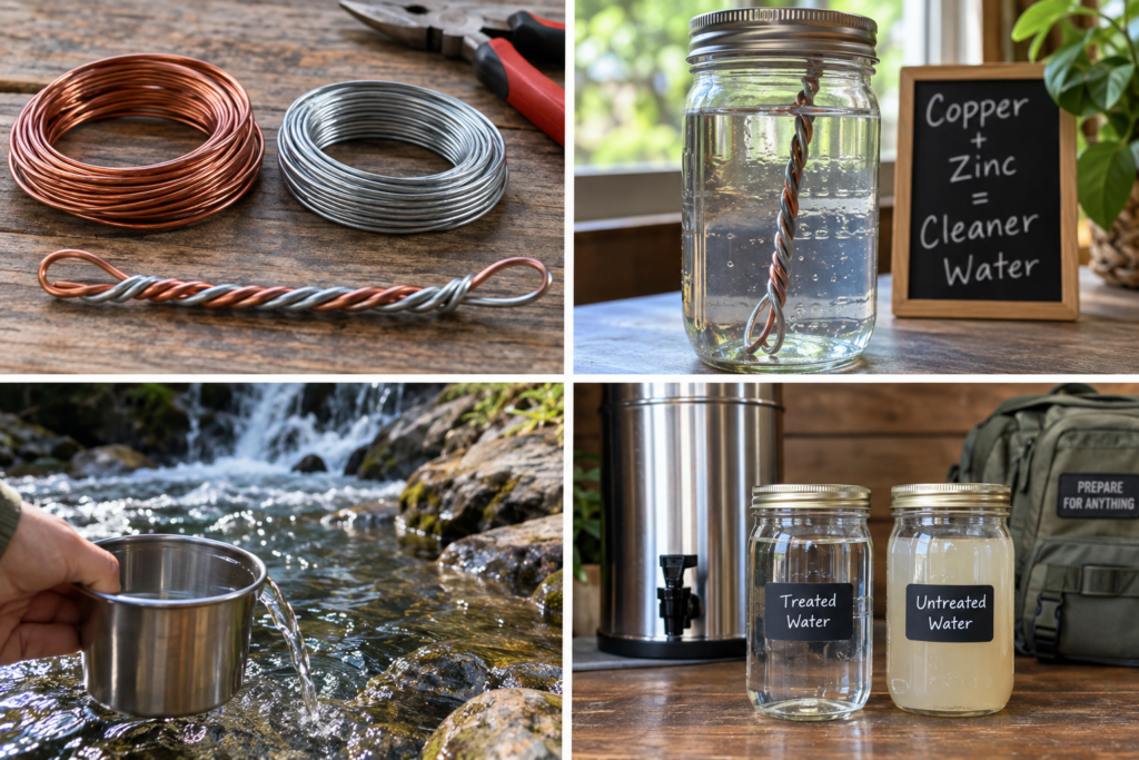 4 images with copper and zince for water purification technique