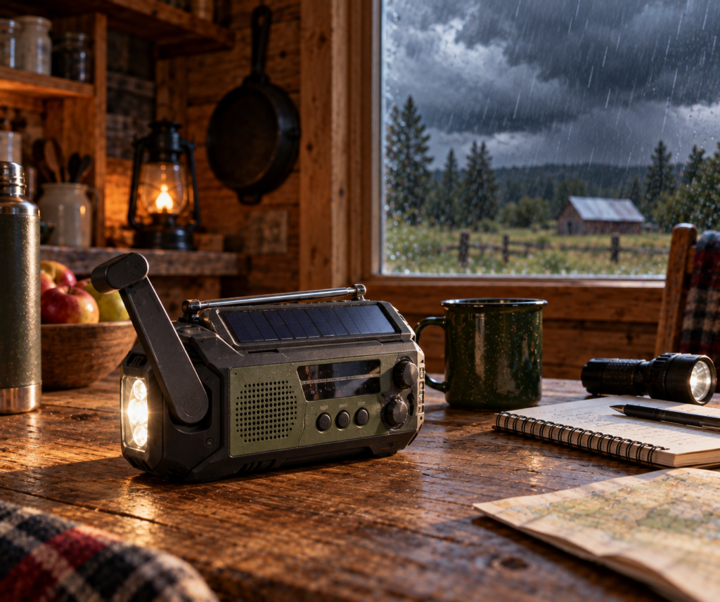 crank radio in cabin on table for emergency