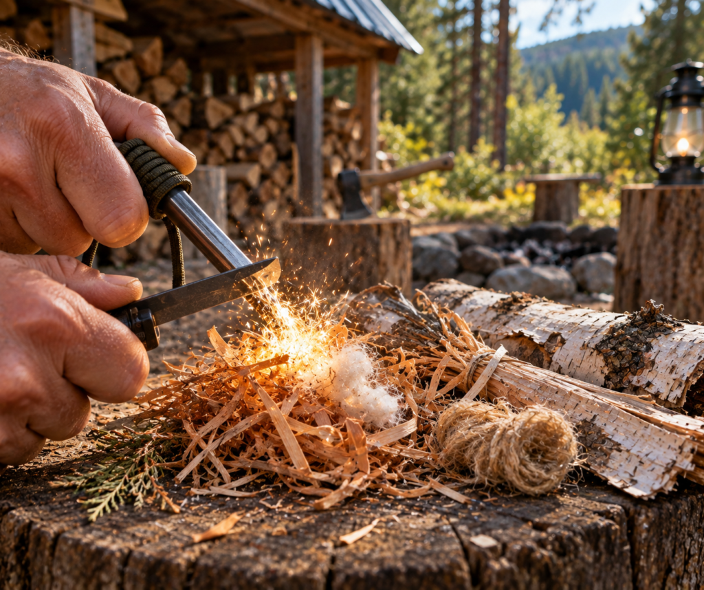 Ferro rod starting a fire in front of a cabin