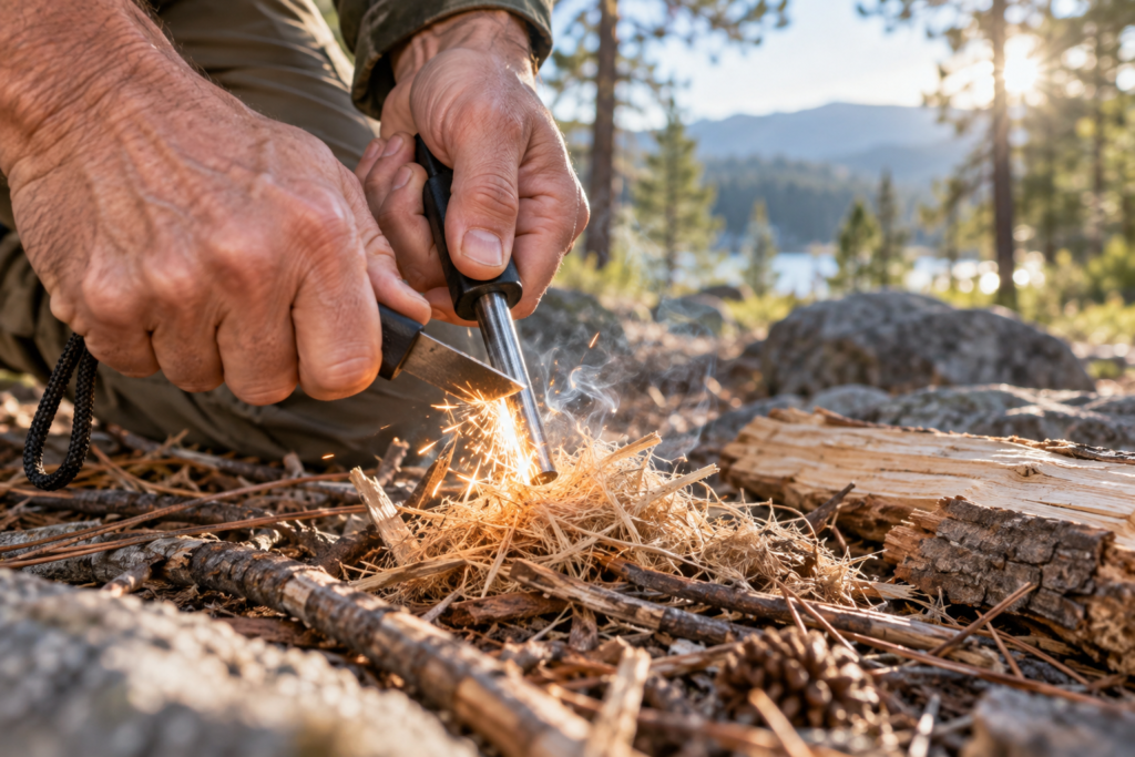 Man with ferro rod starting a fire in the woods