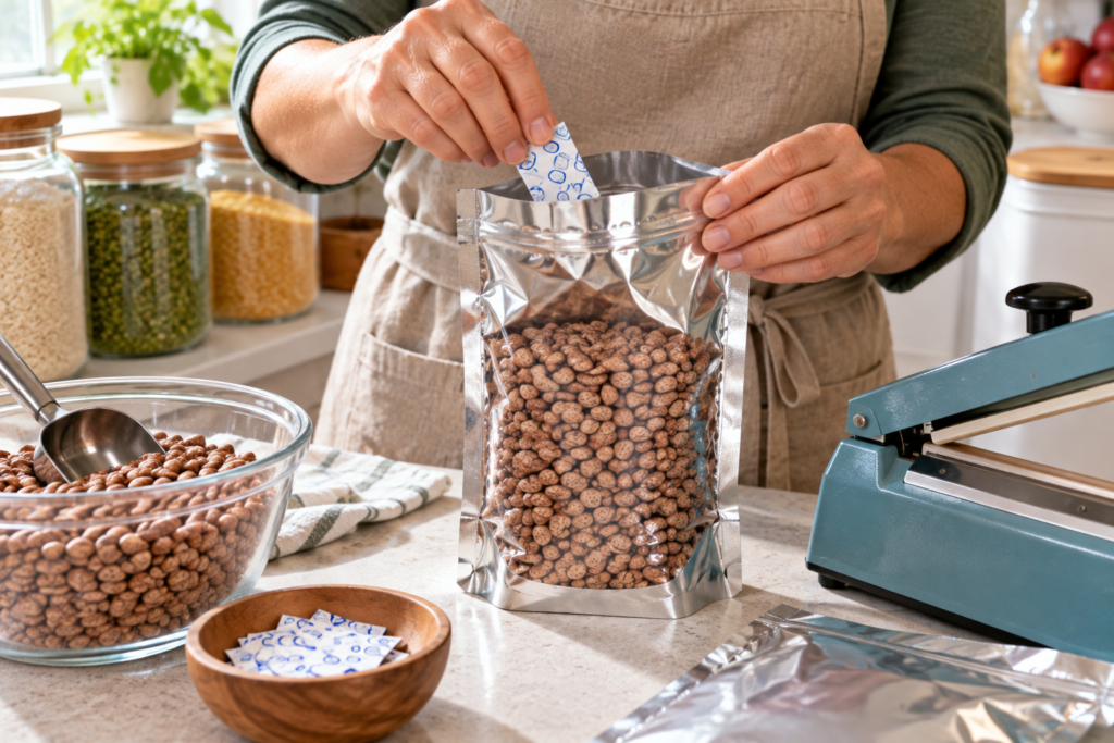 woman packing beans in mylar bags