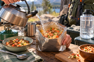 person pouring boiling water in mylar bag with freeze dried food