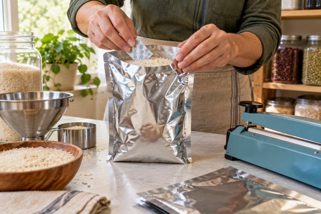 Woman sealing mylar bags in pantry for long term storage