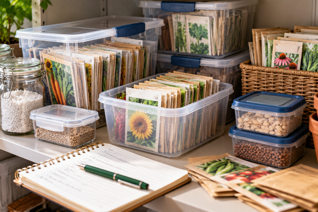 stored seeds in containers on counter