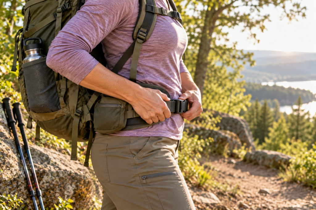 girl adjusting back pack in the woods