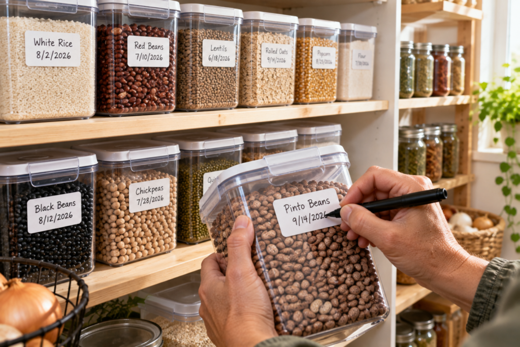 woman putting labels on long term storage containers with differerent foods