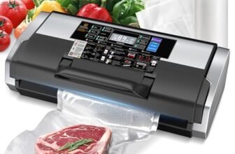 95KPa 10-in-1 Commercial Vacuum Sealer Double Heat Seal Device | Equipped with easy-lock handle, built-in cutter, sealed hose, 1 roll + 15 vacuum bags for food preservation Black Silver