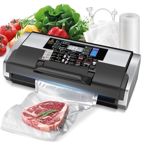 95KPa 10-in-1 Commercial Vacuum Sealer Double Heat Seal Device | Equipped with easy-lock handle, built-in cutter, sealed hose, 1 roll + 15 vacuum bags for food preservation Black Silver