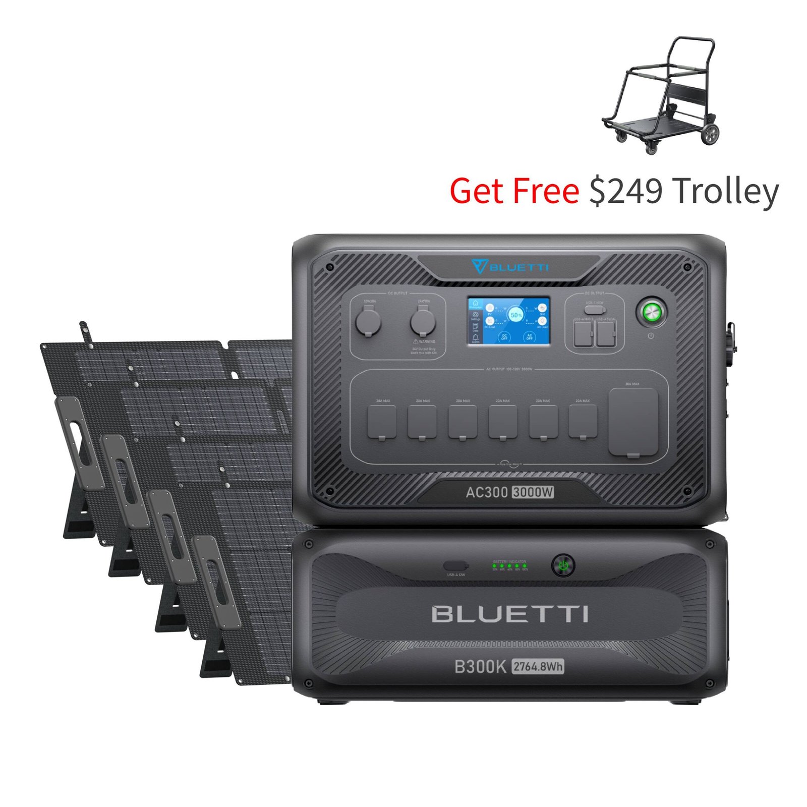 AC300+B300K+4*200W (Get Free Trolley) - AC300+B300K+4*200W (Get Free Trolley) | 3000W, 2764.8Wh, 800W Solar Kit