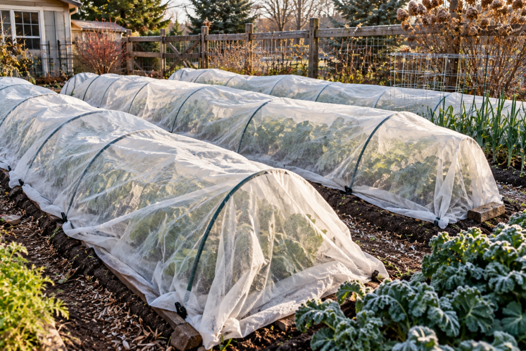 vegetable garden rows covered with frosst cloth