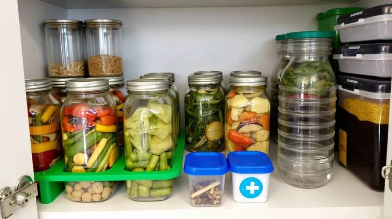 Shelf of home-canned preserved food