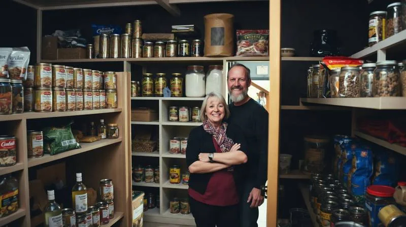 Couple in their stocked pantry