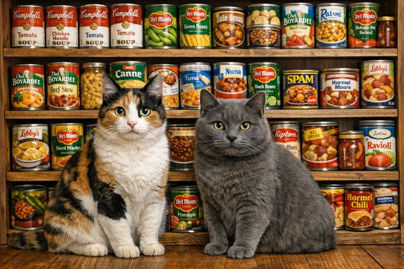 Two cats by a canned-goods pantry