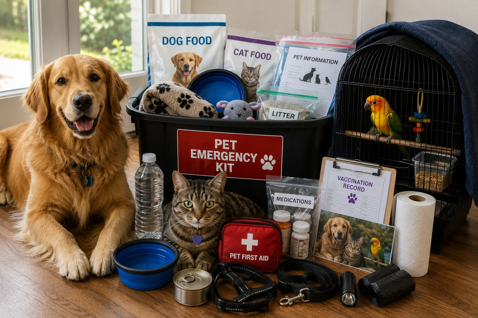 dog, cat bird, pets with emergency food and supplies